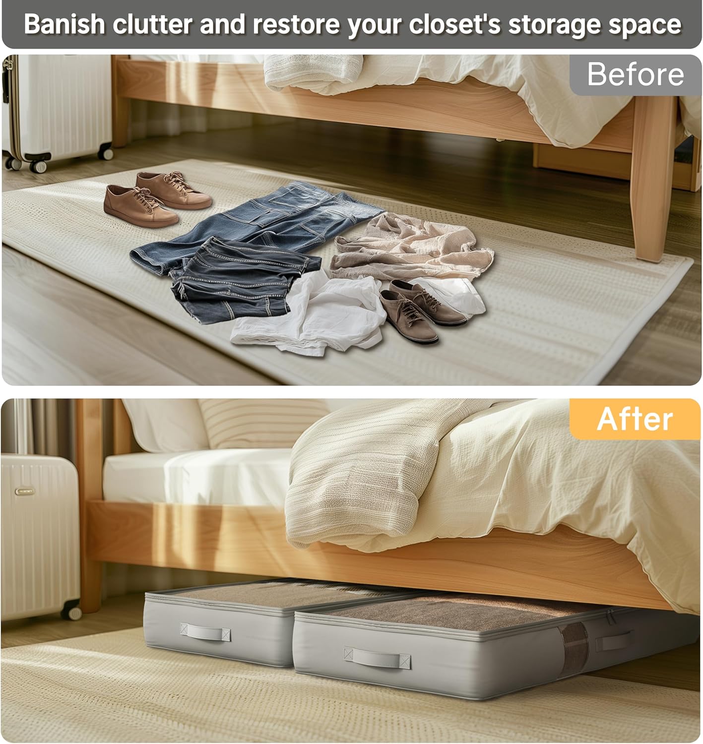 Under Bed Storage Containers with Window, Closet Organizers and Storage Bags, Foldable Underbed Storage Bags for Blankets, Clothing, Comforter, Linen Sheets, Wrapping Paper, 2 Pack, Grey