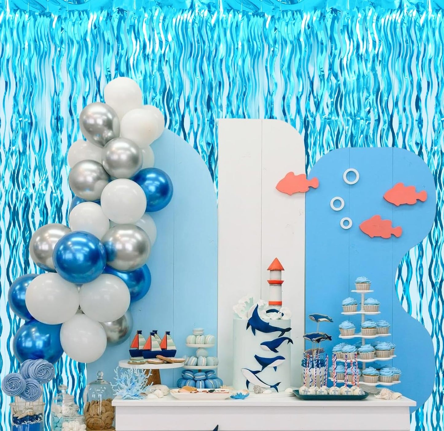 GOER 3.2 ft x 6.5 ft Metallic Tinsel Foil Fringe Curtains Party Photo Backdrop Party Streamers for Birthday,Graduation,New Year Eve Decorations Wedding Decor (5 Pcs,Wavy Light Blue)