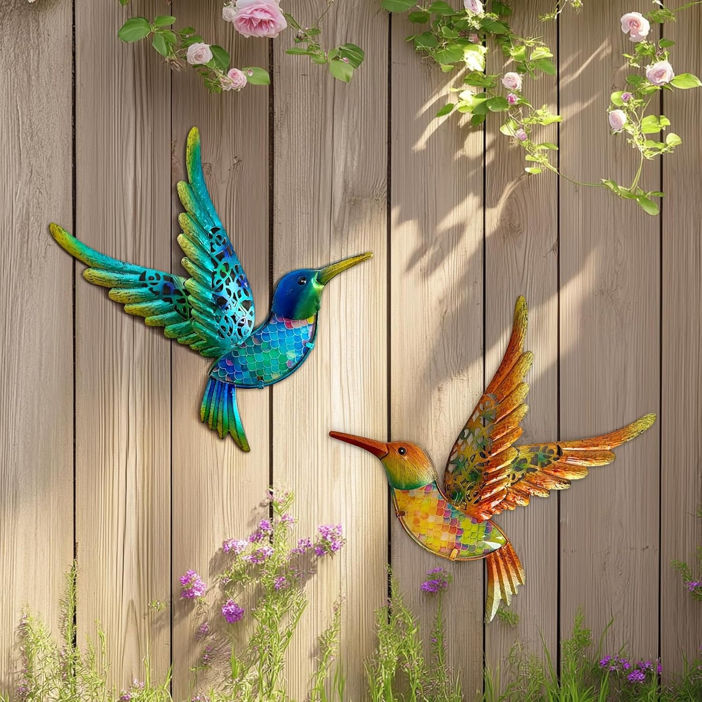 HONGLAND Metal Hummingbird Wall Art 12inch Metal Birds Wall Sculpture Garden Decoration Outdoor Statue Patio Fence Hanging Plaques 2 Pack（Multicolor）