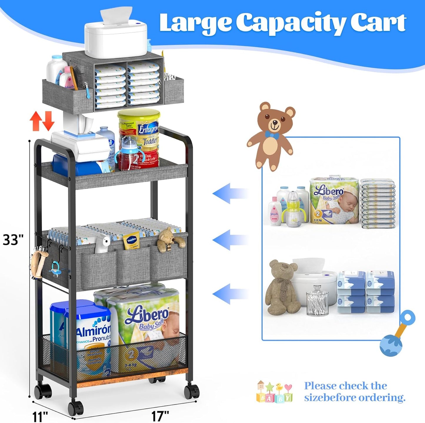 2In1 Baby Diaper Caddy & 3-Tier Rolling Diaper Cart, Caddy Organizer Cart with Dividers, Mobile Metal Bedside Carts for Baby Essentials, Rolling Carts for Newborn Nursery with Wheels, Large Capacity