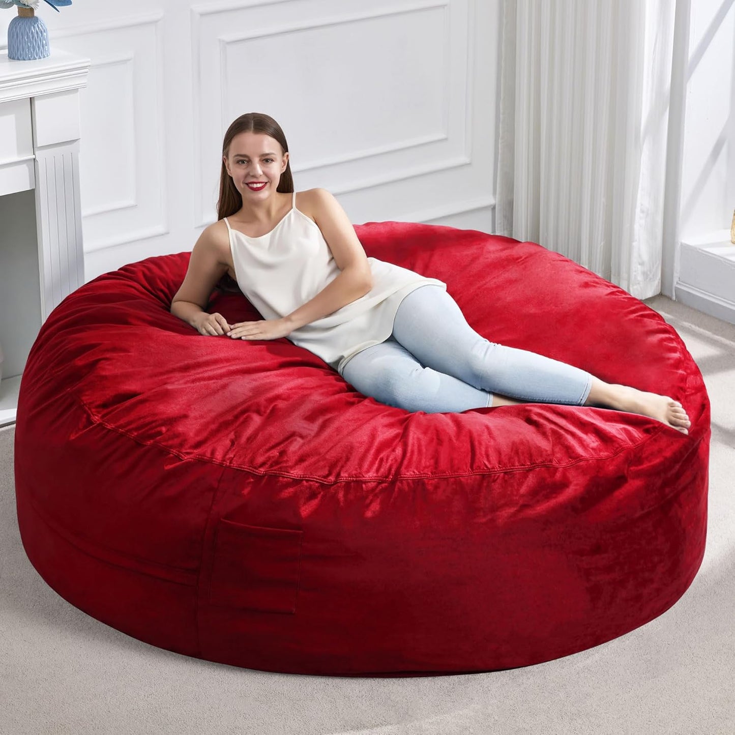 Hobestluk 6FT Bean Bag Chair Bean Bag Chairs for Adults Giant Bean Chairs with Velvet Cover, Memory Foam BeanBag Chair Fluffy BeanBag Chairs for Living Room, Bedroom- Red (70" x 70" x 15")
