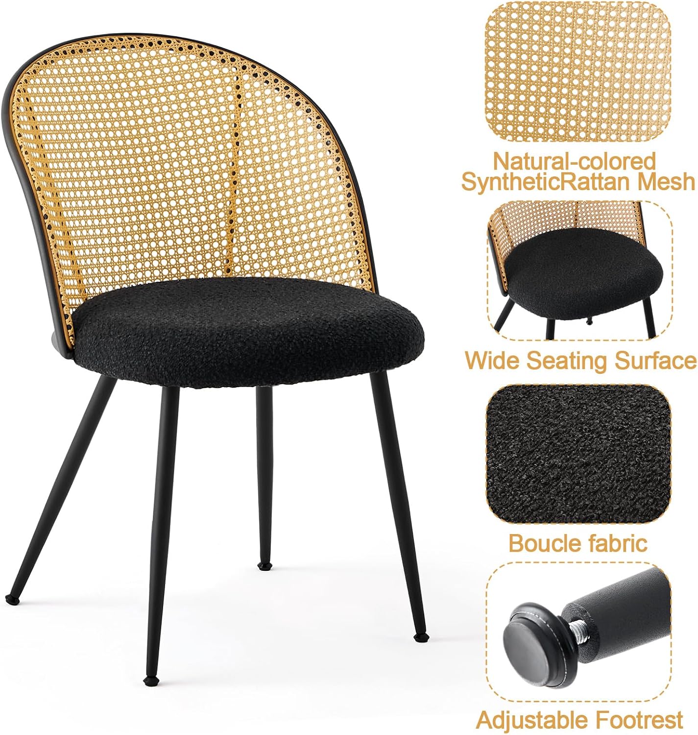 Dining Chairs Set of 4, Mid Century Modern Dining Room Chairs with Full Rattan Back, Boucle Fabric Upholstered Kitchen Dining Chairs Farmhouse Armless Mesh Cane Back Side Chairs with Metal Legs, Black