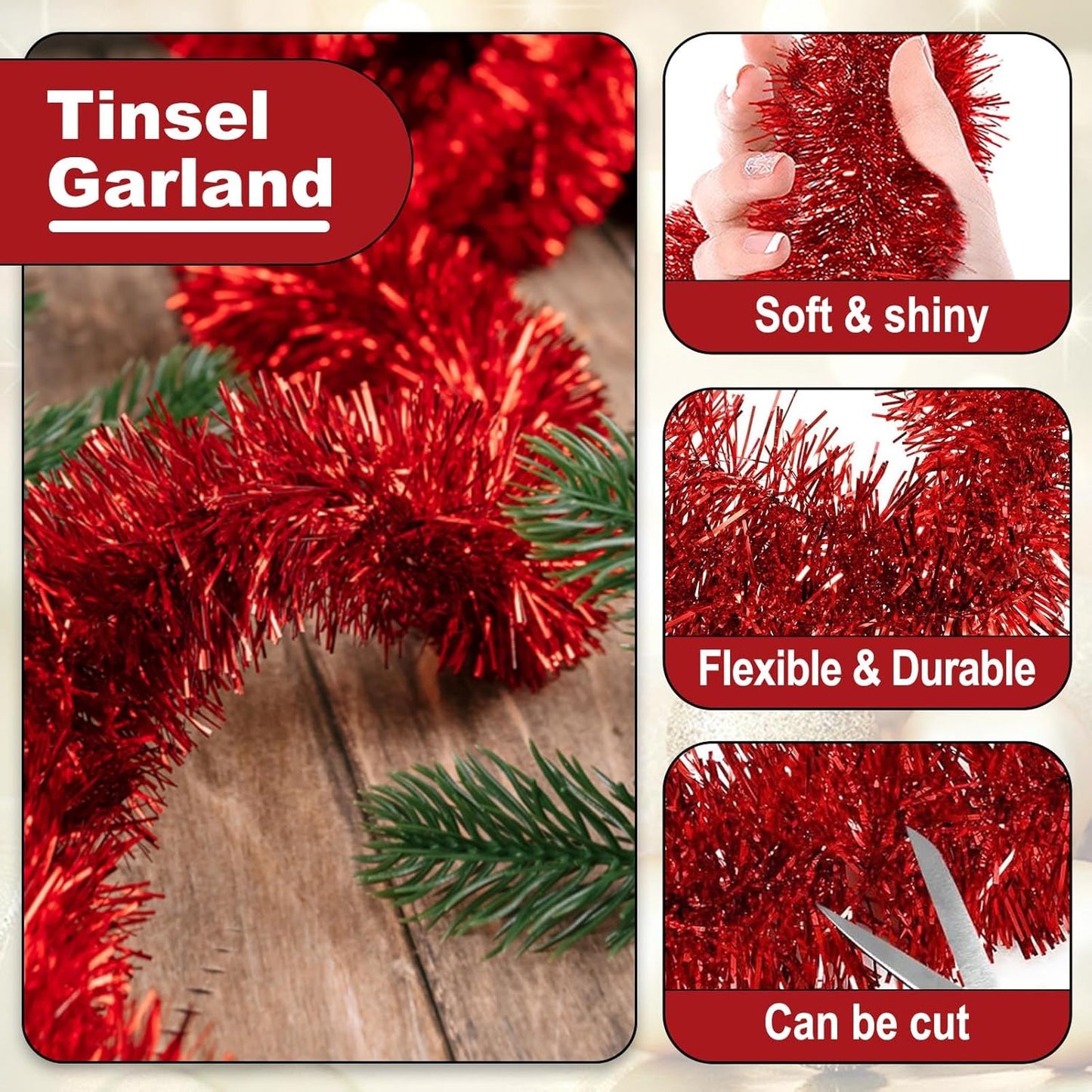 25 Feet Metallic Twist Tinsel Garland - Wall Hanging Backdrop for Parade Floats, Christmas Eve, New Year, Valentine's Day Parties (Red, 4in x 25ft)