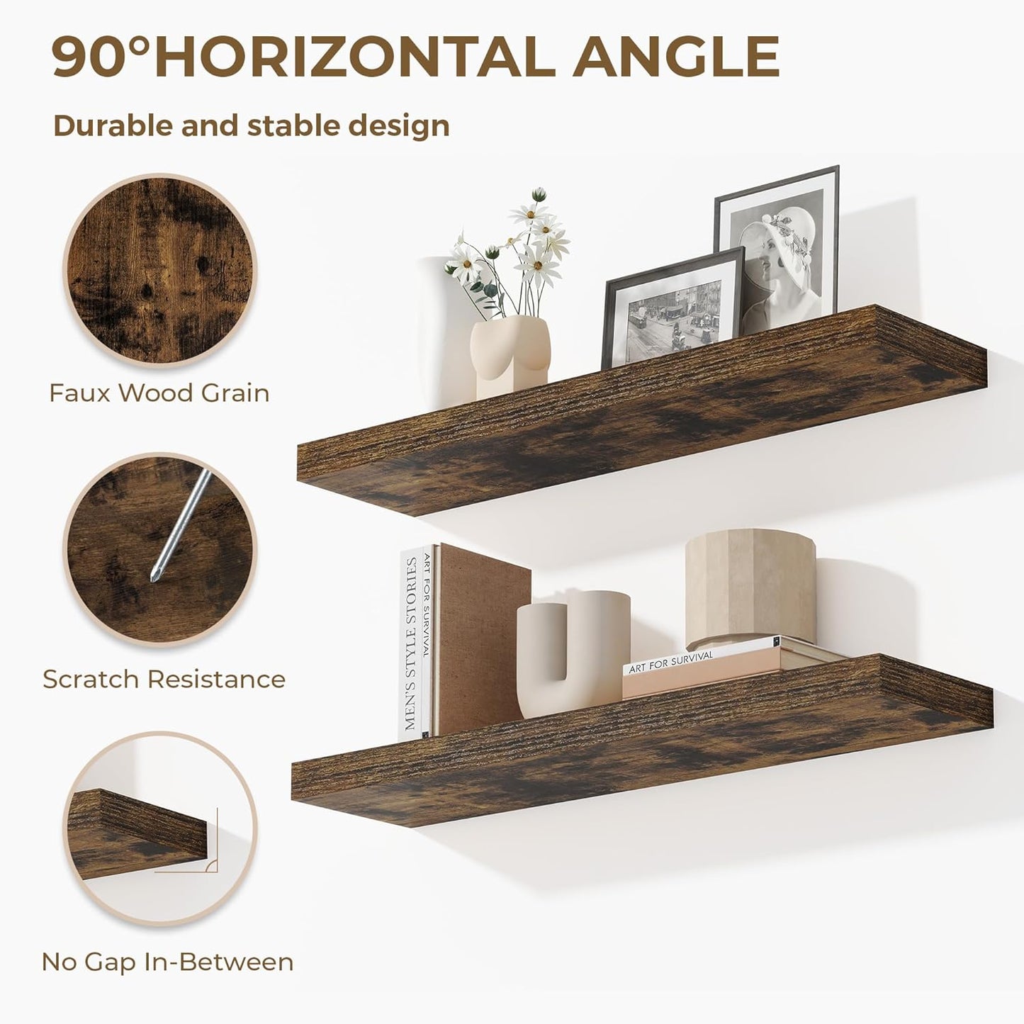 Dreamland 36 Inches Floating Shelves for Wall, 9.3" Deep Long Floating Shelves Set of 2, Large Display & Storage Shelf, Wall Shelf for Bathroom Bedroom Living Room Kitchen Office, Rustic Brown