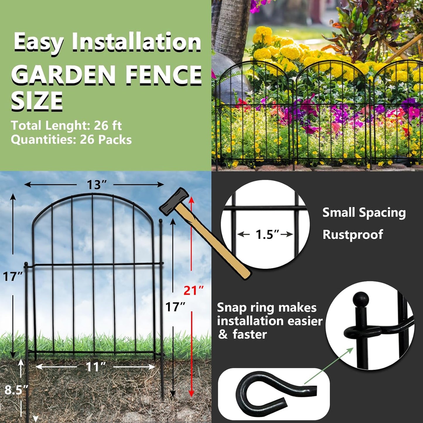 21in(H) x 26ft(L) Garden Fence Animal Barrier No Dig, 26 Panels Rustproof Arched Small Metal Fencing, 1.5in Gap Fence Border, Outdoor Decorative Fence for Yard Dogs Rabbits