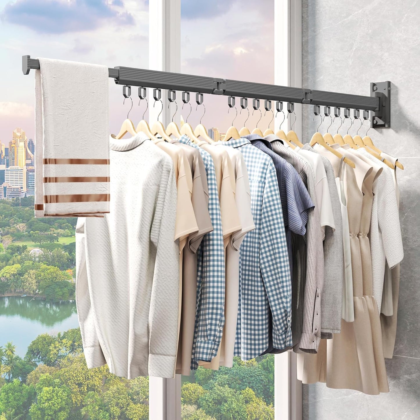 Grey Color Laundry Rack - Wall Mounted, Collapsible Clothes Drying Rack With Loop-type Hooks