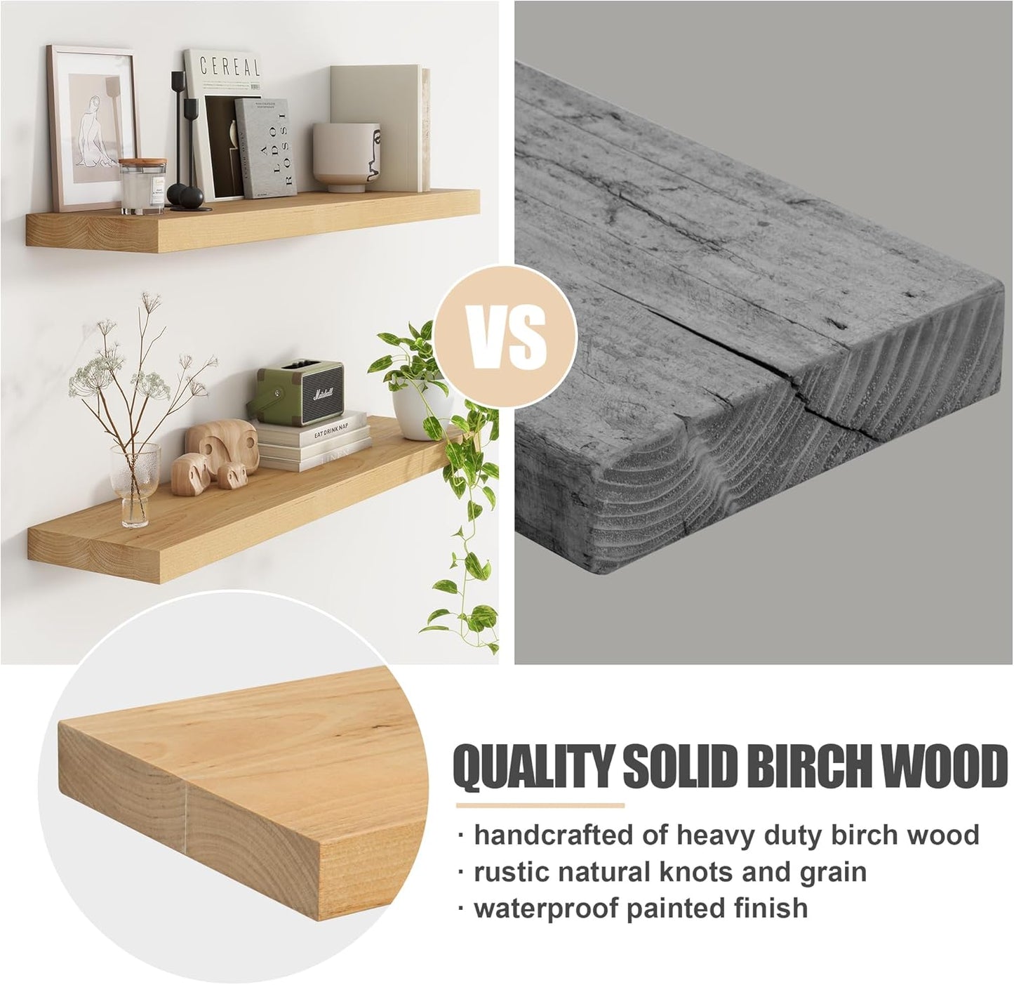 Floating Shelves for Wall, USA-Sourced Brich Wood 24 Inch Wall Shelves Set of 2, Natural Wooden Mounted Picture Ledge Shelf, Nursery Book Storage Shelf Kids Bookshelf Display, Shelf for Bathroom