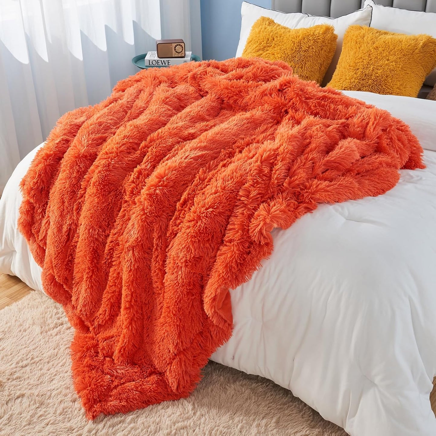 GONAAP Fuzzy Faux Fur Throw Blanket Orange Super Soft Cozy Plush Fuzzy Shaggy Blanket for Couch Sofa Bed (Orange, Throw(50"x60"))