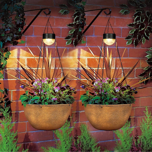 2 Packs Hanging Planters Basket for Outdoor Plants, Solar Powered Self Watering Bronze Round Plastic Flower Pots with Drainer for Balcony Patio Garden Outdoor Decoration