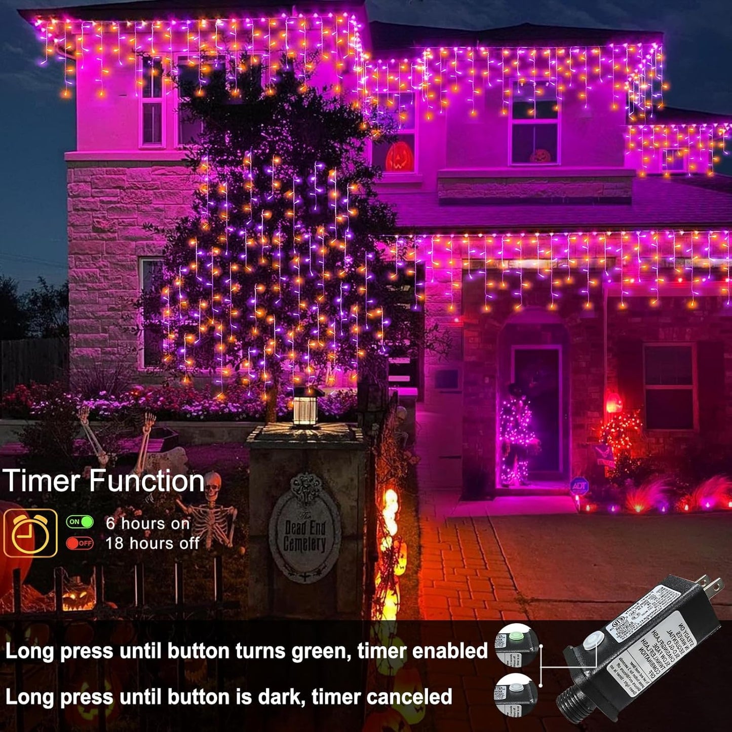 33ft Halloween Lights Outdoor, 400 LED Icicle Lights for Outside, Orange and Purple Twinkle Christmas Light with Connectable Clear Wire 8 Modes Timer Waterproof for House Party Tree Holiday Yard Decor