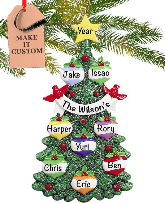 Personalized Large Family of 8 Ornament 2025 | Free 24h Customization | Christmas Ornaments for Tree | Custom Gift Wrapped Green Glitter Keepsake for Eight Persons