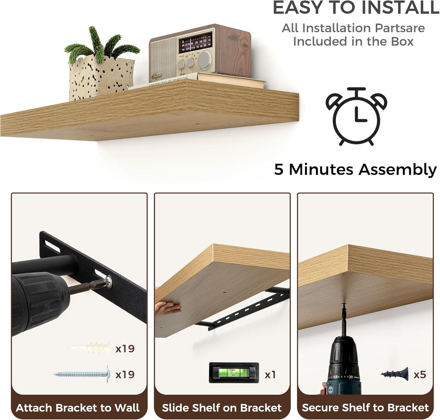 Floating Shelves for Wall, 2 Large Wall Mounted Shelves with Invisible Brackets, Long Wood Floating Wall Shelf Shelves for Living Room, Bedroom, Kitchen, (Oak, 36" W x 9" D x 1.5" H)