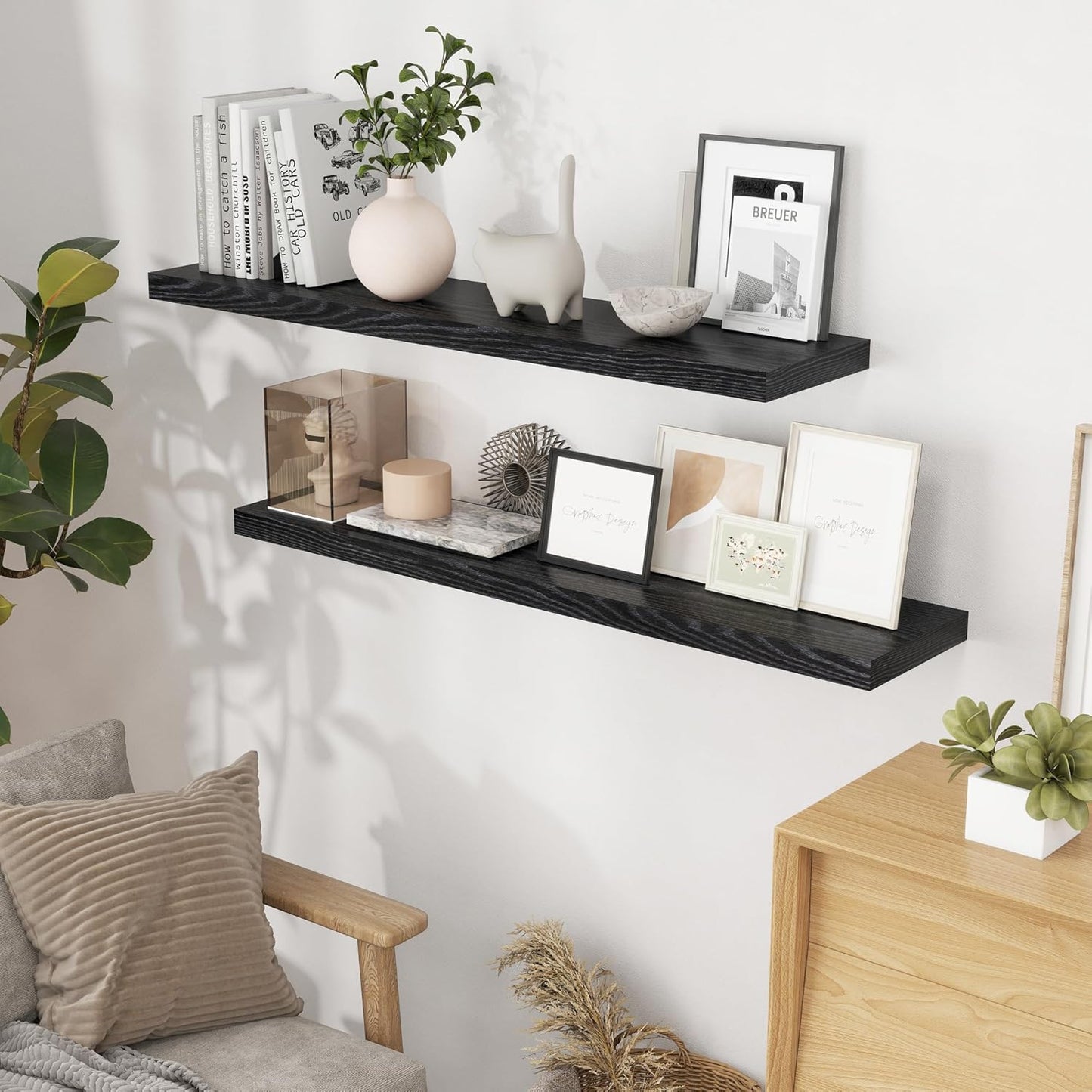 Fun Memories Floating Shelves 48 Inch Set of 2, Black 48 x 9 Wall Shelves for Home Decor Storage, Rustic Wood Floating Shelf for Wall, 9 Inch Deep Shelving for Bathroom, Living Room, Kitchen