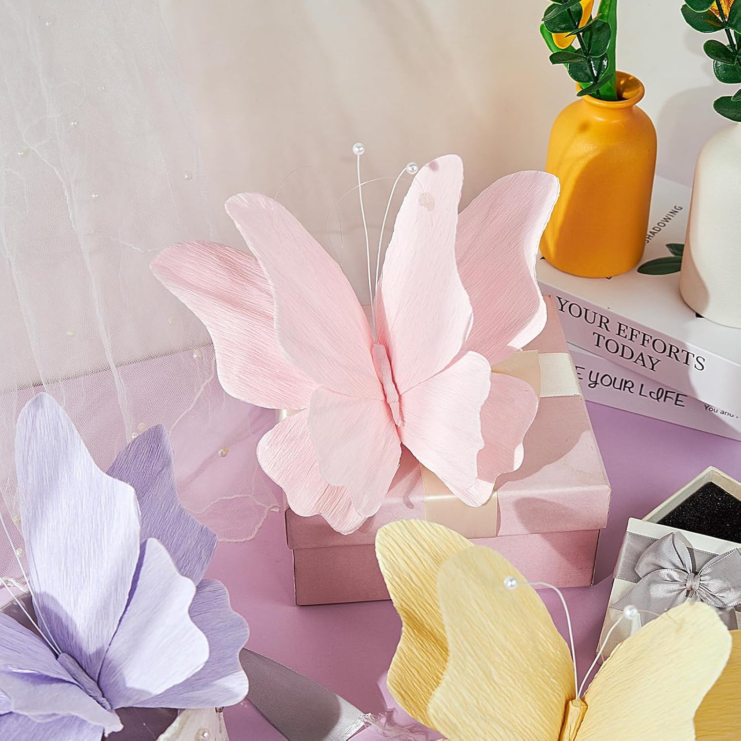 SUNBEAUTY Butterfly Party Decorations Hanging Butterfly Decorations 6Pcs Crepe Paper Garden 3D Butterflies Decor Pastel Paper Butterflies Decoration for Wedding Baby Shower Birthday Party Room Decor