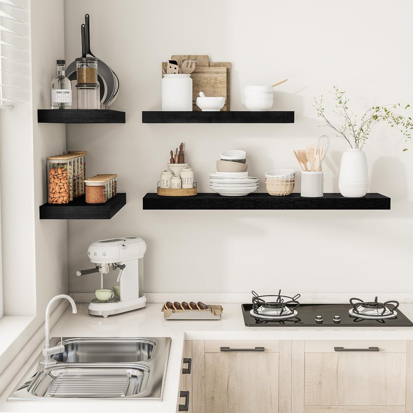 Black Floating Shelves for Wall 55 Inches Long, 12" Deep Wall Shelves 2" Thick, Heavy Duty Shelf for Bedroom, Bathroom, Living Room, Kitchen, Office, Home Decor, Modern Shelf Set of 2, 55" X 12" X 2"