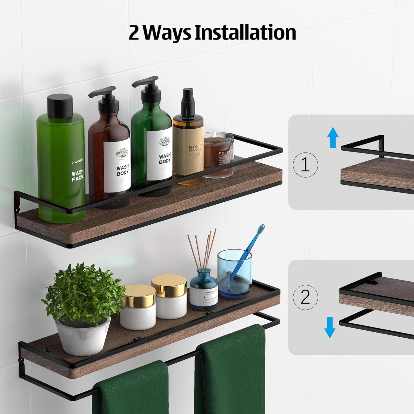 Meangood Floating Shelves Wall Mounted Set of 2, Rustic Wood Wall Storage Shelves for Bedroom,Living Room,Bathroom, Kitchen Brown