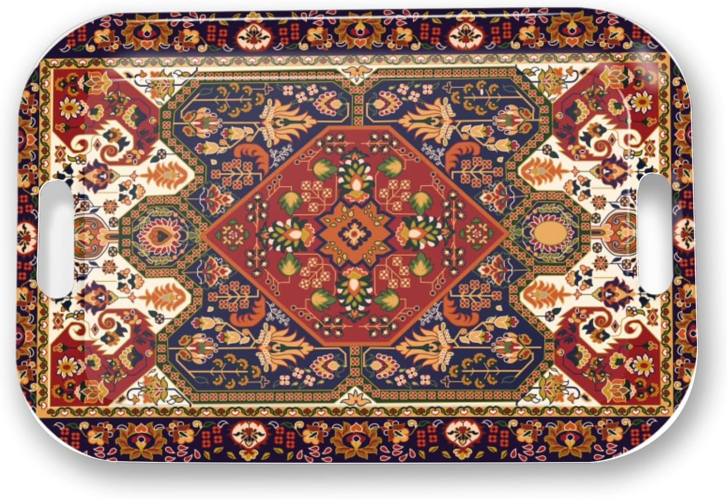 Serving Trays with Handles, 14.5 x 9.8 inch Rectangular Plastic Tray for Restaurant, Kitchen, Dark Red Pattern