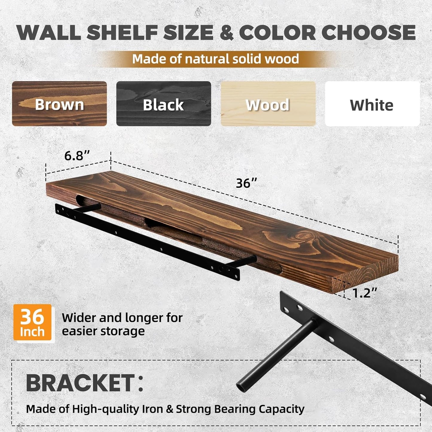 36"x6.8"x1.2" Solid Wood Floating Shelves 2-Pack - Rustic Brown Finish with Hidden Brackets, Perfect for Storage and Décor in Living Room, Kitchen, Bedroom