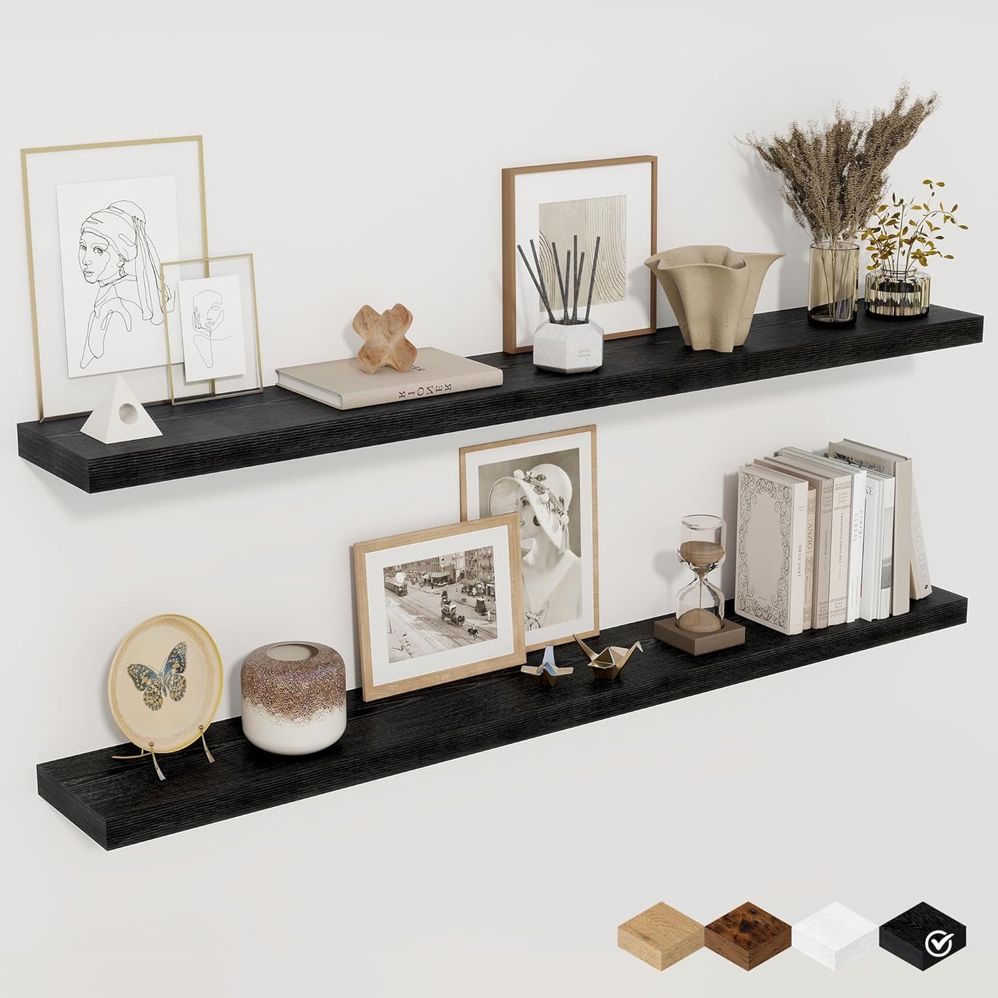 Floating Shelves for Wall, 48 Inch Floating Shelves for Home Decor, Wall Mounted Rustic Wood Shelves, Bathroom, Hanging Deep Shelf for Bedroom, Living Room, Kitchen (Black, Set of 2)