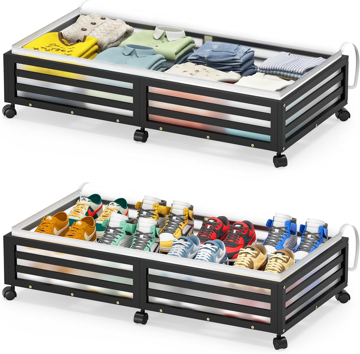Under Bed Storage with Wheels-Large Bamboo Underbed storage Containers with Large Dust Bag Stackable Under the Bed Shoe Storage Bins for Clothes Books Bedding (2 Packs Black, 33.07"L×16.54"W× 6.5"H)