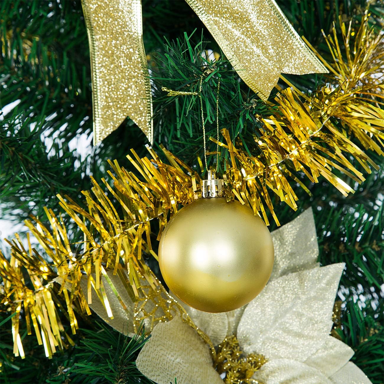 Sunnyglade 94 PCS Christmas Tree Ornaments Set with Glitter Poinsettia, Bows, Ribbons, Leaves & Assorted Decoration Ball for Xmas Tree Holiday Wedding Party Decorations (Golden)