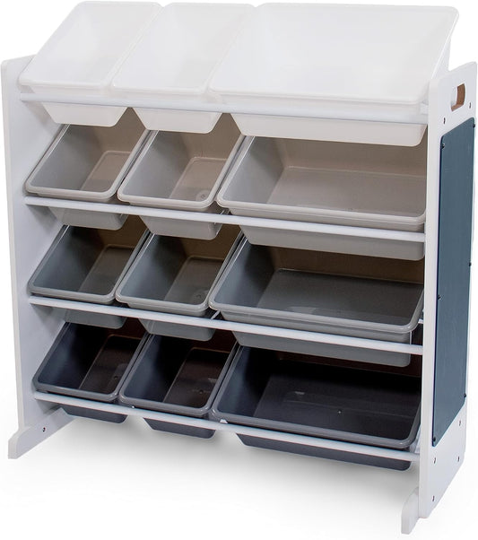 12-Bin Toy Organizer – White/Grey Gradient Ombre Frame with Chalkboard, Eraser & Chalk, Multi-Tier Storage for Kids' Playrooms and Nurseries