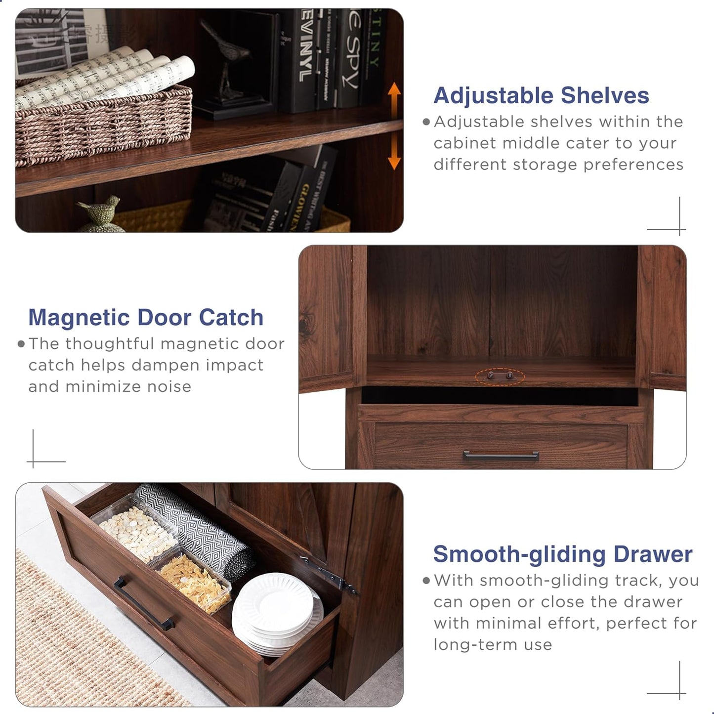 JXQTLINGMU Farmhouse Kitchen Pantry Cabinet - 72" Tall Wood Kitchen Storage Cabinets with Adjustable Shelves & 2 Barn Doors & Drawer, Versatile Storage for Dining Room, Bathroom, Rustic Brown