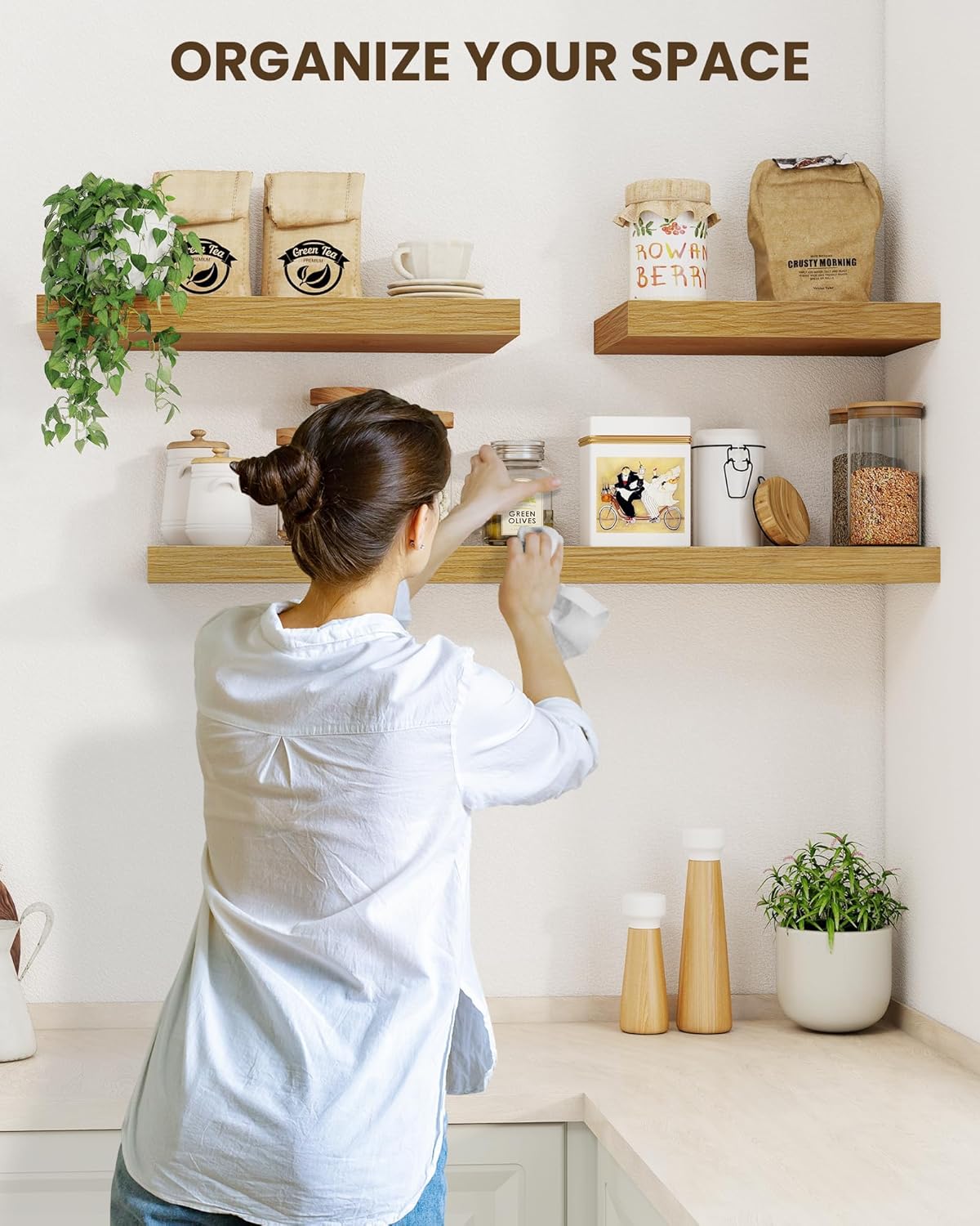 Marsmiles 55" Floating Shelves for Wall, Wooden Shelves with Invisible Brackets Set of 2, Rustic Farmhouse Wall Mounted Shelf for Kitchen Bathroom Living Room Study, Natural Oak