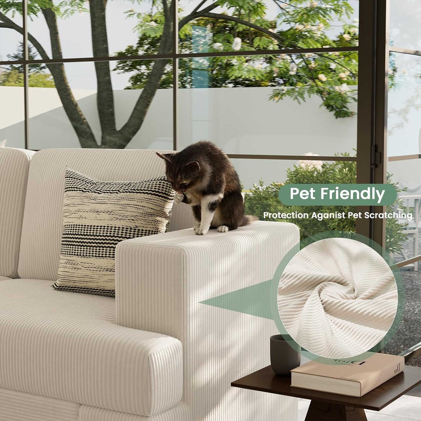 2 Pieces Corduroy Couch Set for Living Room, 6 Seats Cloud Sofa, Deep Seat Floor Couch for Bedroom, Futon Modern Sofa Bed, White Corduroy