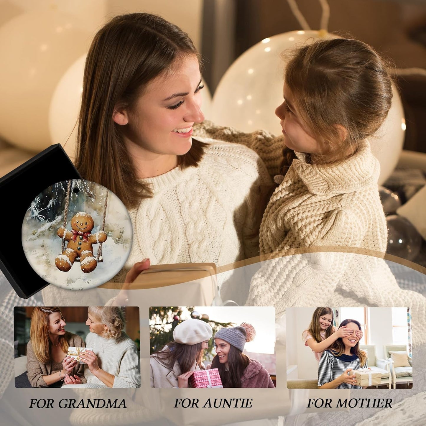 Vintage Christmas Gingerbread Ceramic Ornament Gifts, Rustic Winter Gingerbread Swing Decorative Hanging Ornaments for Xmas Tree Holiday Party Decoration, Winter Xmas Tree Decorations