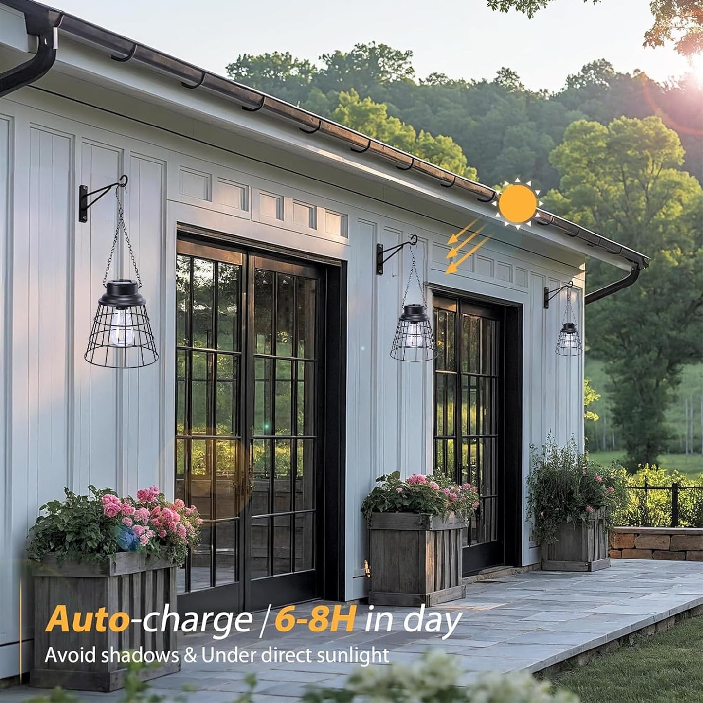 2 Pack Solar Lanterns Outdoor Waterproof , Metal Cage Design with Replaceable LED Bulb, Waterproof Vintage Decorative Light for Patio, Garden, and Yard (5.9" x 6.1", Black)