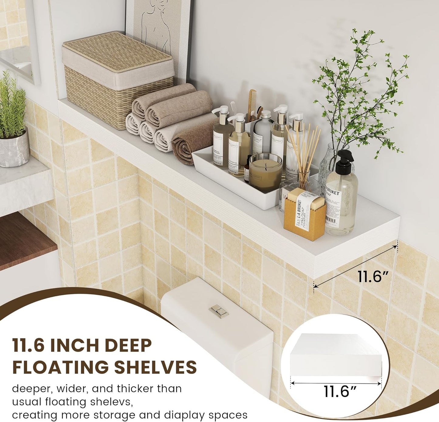 White Floating Shelves for Wall - 48 Inch Wide x 12 Inch Deep Wall Shelves Set of 1 - Rustic Wood Shelves for Living Room, Bathroom, Laundry Room, Bedroom, Kitchen, Home Office