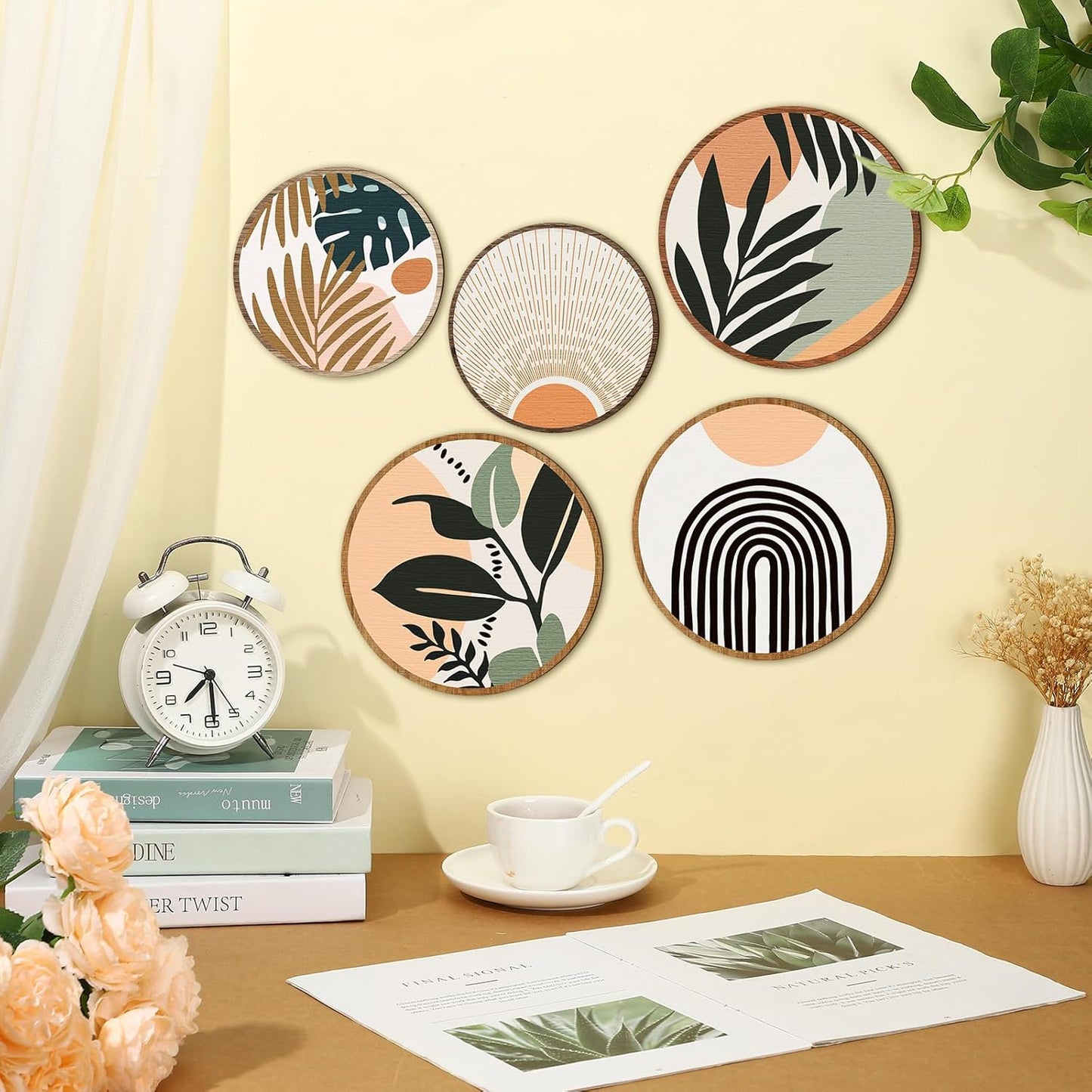 Qunclay 5 Pcs Wall Art Decor Wooden Living Room Wall Decor Bohemian Hanging Farmhouse Geometric 10'' and 8'' Aesthetic Wood Minimalist Posters for Bedroom(Boho, Leaf)