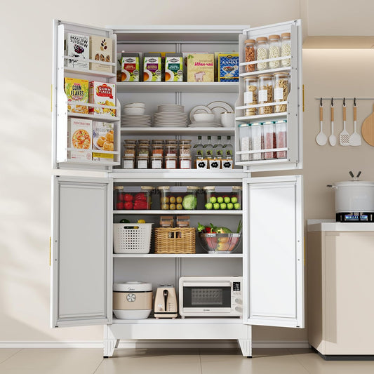 75" H Metal Storage Cabinet, Pantry with 6 Door Shelves and 4 Adjustable Shelves, Leveling Foot for Kitchen, Living Room and Dinning Room, White
