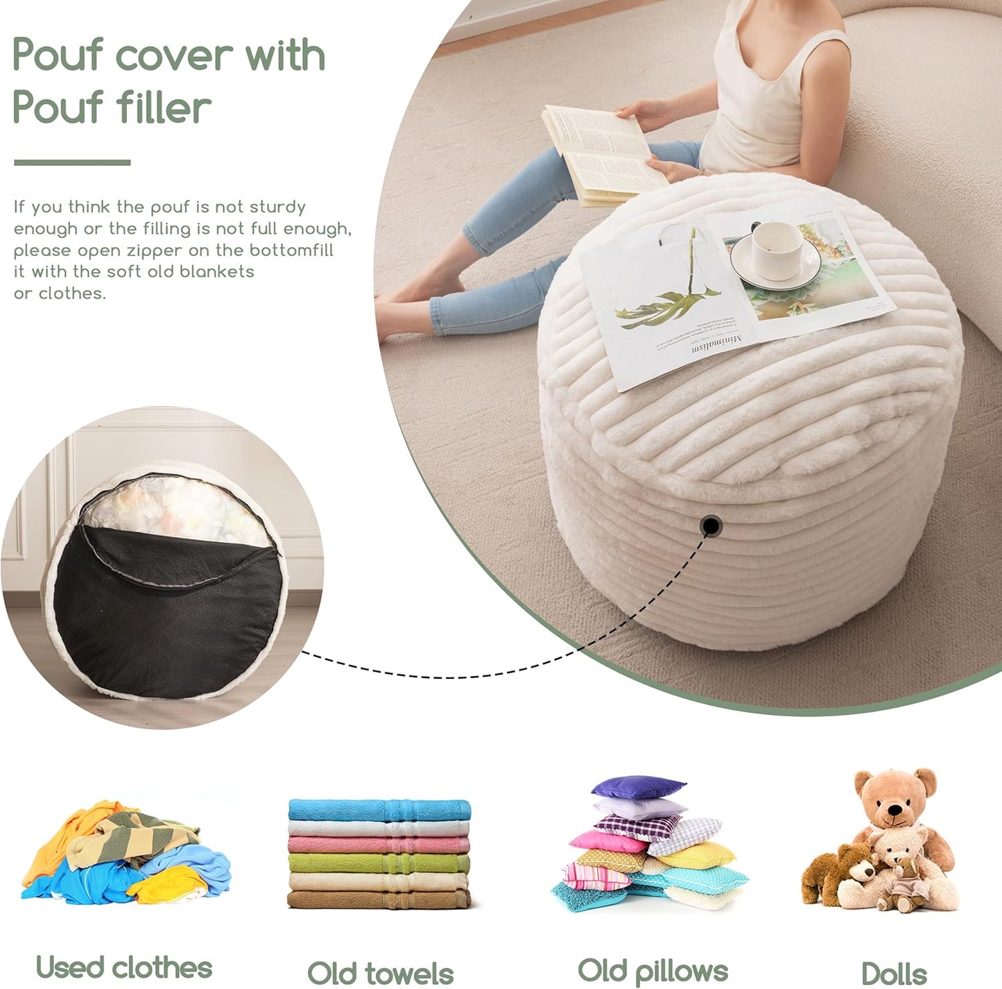 HIGOGOGO Round Stuffed Pouf Ottoman, Stripe Faux Fur Poufs with Foam Chunk Filling, Furry and Fluffy Pouf Foot Stool Storage Ottoman, 20 X 15 Floor Poufs Foot Rest for Living Room, Beige