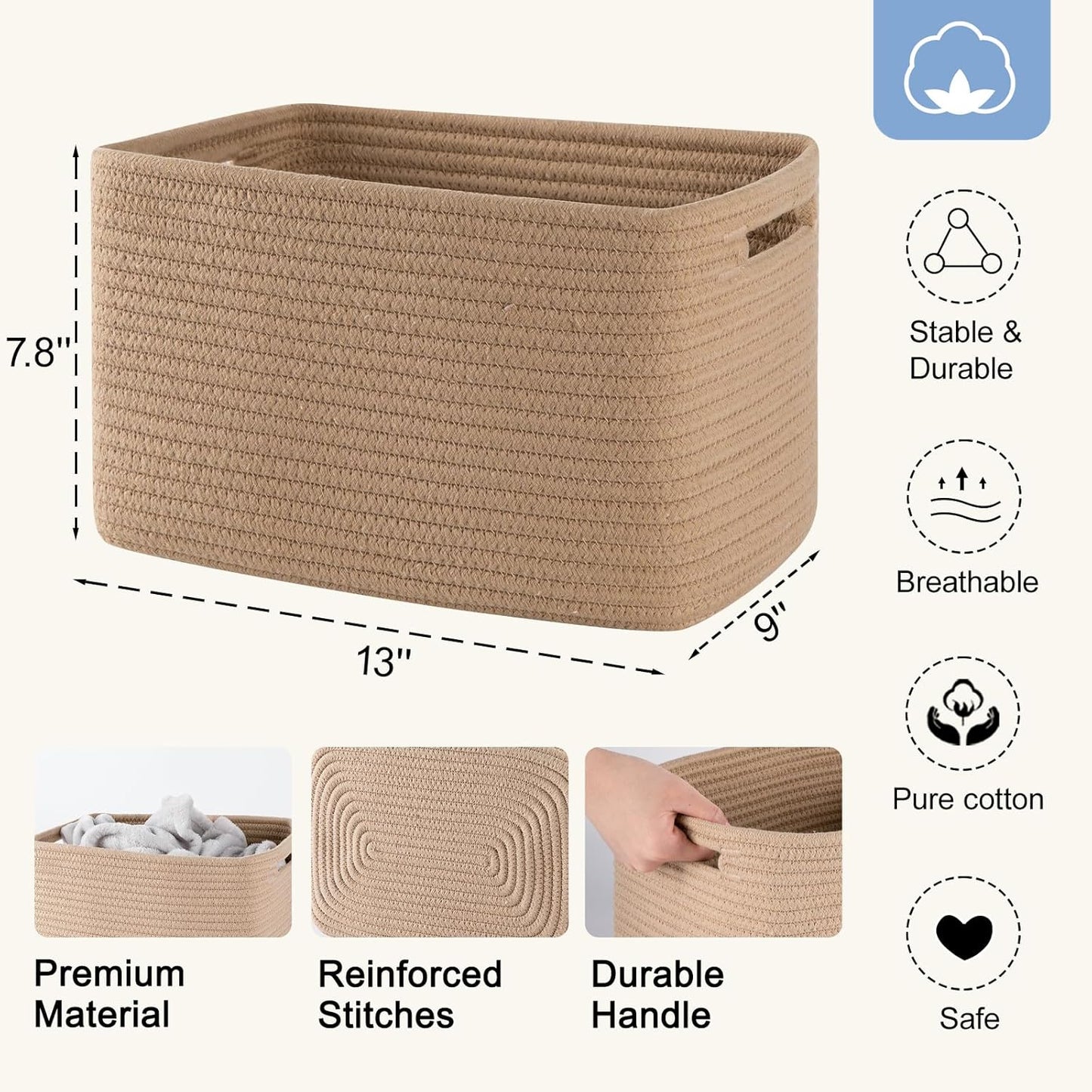 4 Pack Storage Baskets for Organizing, Woven Baskets for Shelves - Perfect for Toys, Books, Towels, and Clothes, Durable Gift Basket Bins Toy Storage, 12.7''L x9''W x7.8''H, Jute