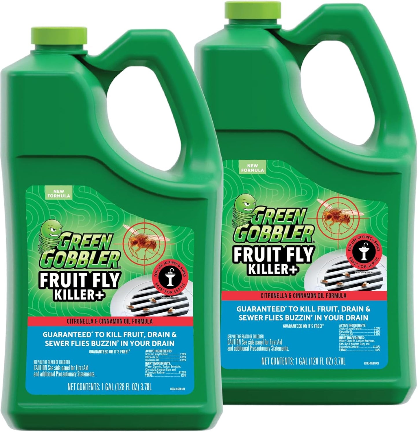 Green Gobbler Fruit Fly Killer+ - Kills Fruit Flies, Drain Flies & Sewer Flies, Gel Treatment For Use in Sinks & Pipes - Safe for Septic Systems (2 PACK)
