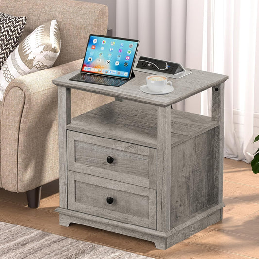 HIFYOBRO End Table with 2 Drawers and Charging Station, Type-C & USB Port & Power outlets, Wooden Storage Cabinet, Large Side Table with Storage for Living Room and Bedroom