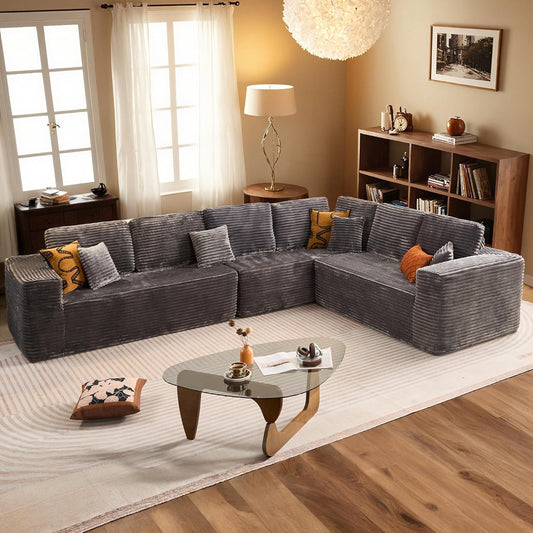 HOOOWOOO Cloud Sectional Couches for Living Room,Modular Sectional Sofa No Assembly,138X108 Inch Plush Corduroy Large L Shaped Floor Couch Set with Deep Seat(Gray)