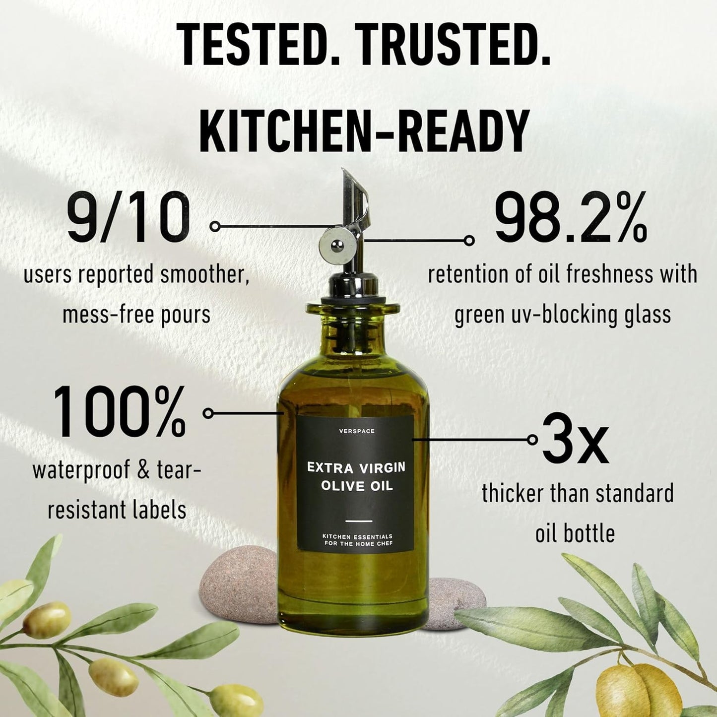 Green Glass Olive Oil Dispenser Bottle For Kitchen By Verpsace,Avocado Oil Dispenser Set, Modern Decor, Gold Kitchen Accessories for Home, Airbnb, Cafe (Black, Set of 2)