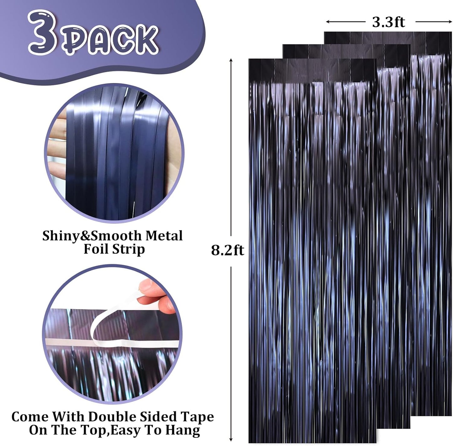 3 Pack 3.3 x 8.2 ft Matte Blue Foil Fringe Curtains, Dark Blue Tinsel Streamers Batman Party Decorations, Fringe Backdrop, Door Shimmer for Graduation, Birthday Backdrop for Men or Boy