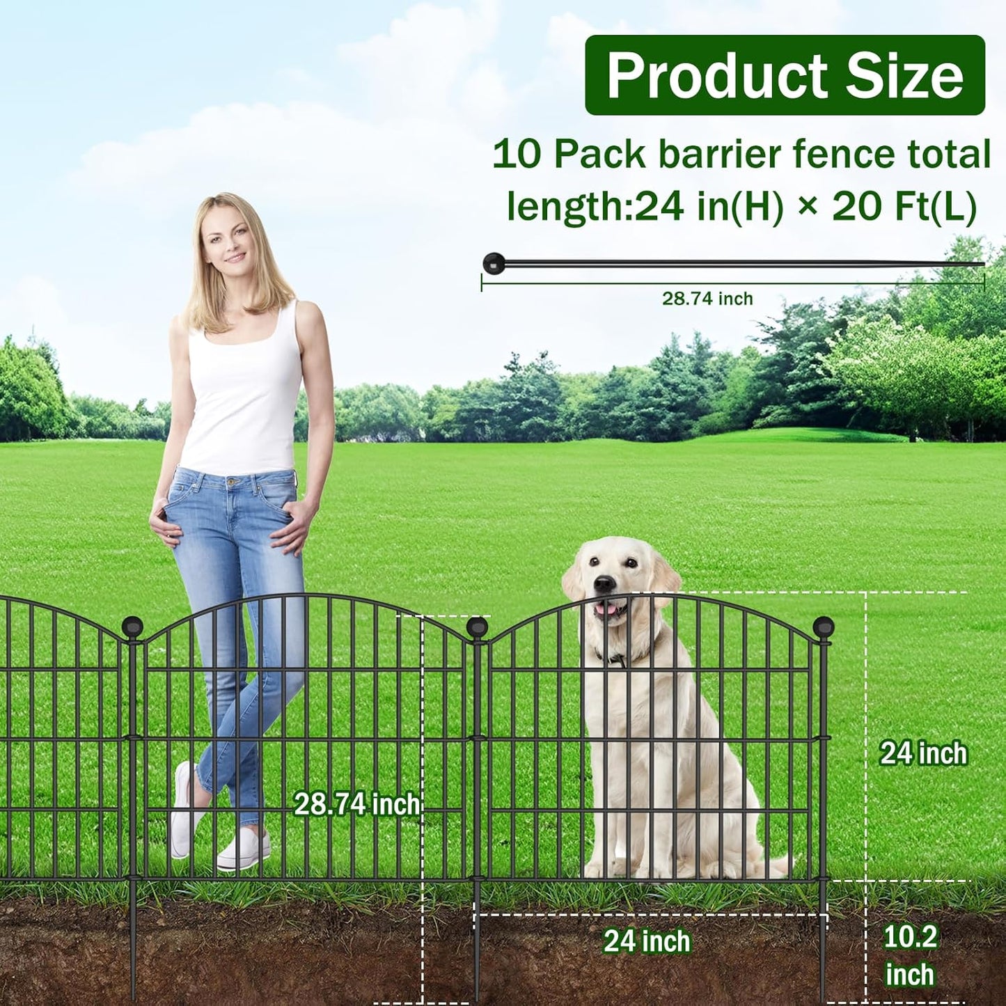 10 Panels No Dig Decorative Garden Fence Animal Barrier - 24 in (H) x 20 ft (L) - Dog Fence Outdoor for Yard, Rabbits and Small Pets - Tall Rustproof Metal Wire Fencing Border for Garden and Patio