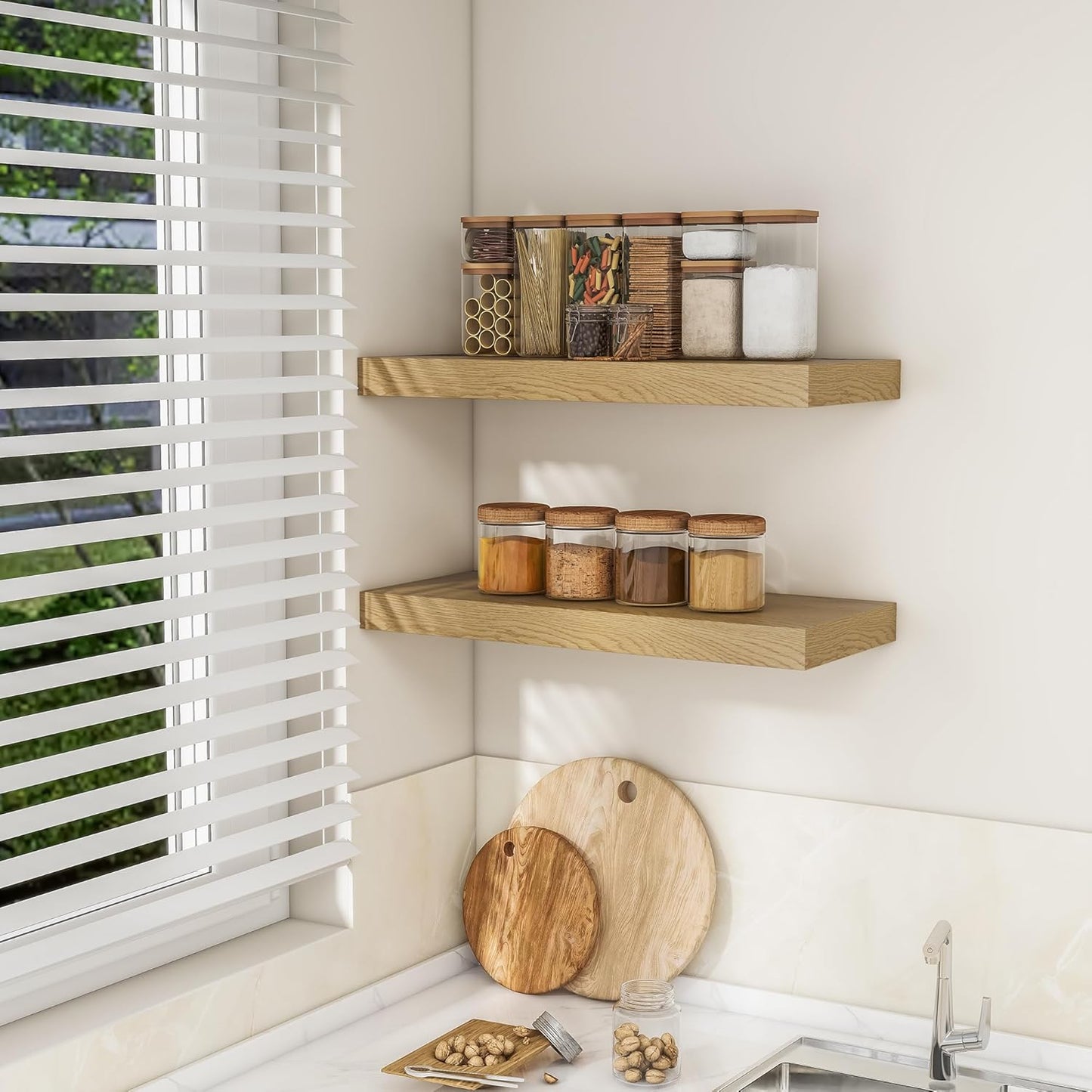 RICHFOCUS 24Inch Floating Shelves for Wall 2 Pack Shelves for Bedroom|Kitchen|Bathroom Wall Mounted Rustic Wood Floating Shelf with Invisible Brackets for Books|Storage|Decor, Oak