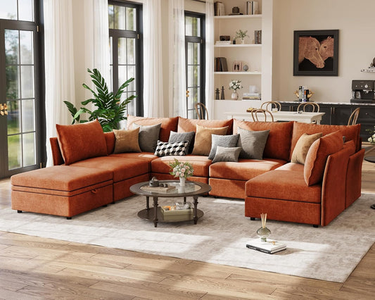 134.6" Oversized Modular Sectional Sofa, Large 7 Seater U Shaped Couch with Storage Ottoman with Reversible Chaise Deep Seat for Living Room, Apartment - Chenille Terracotta