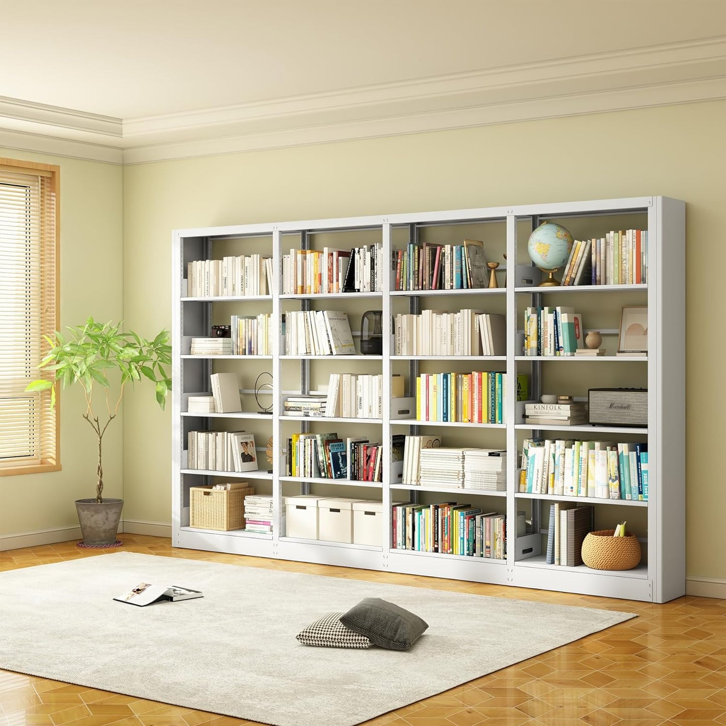 5-Tier Industrial Bookshelf, White Bookcases and Bookshelves,Tall Metal Book Shelf Storage Organizer,Freestanding Bookshelf for Living Room,Home Office(White, Shelf-4)