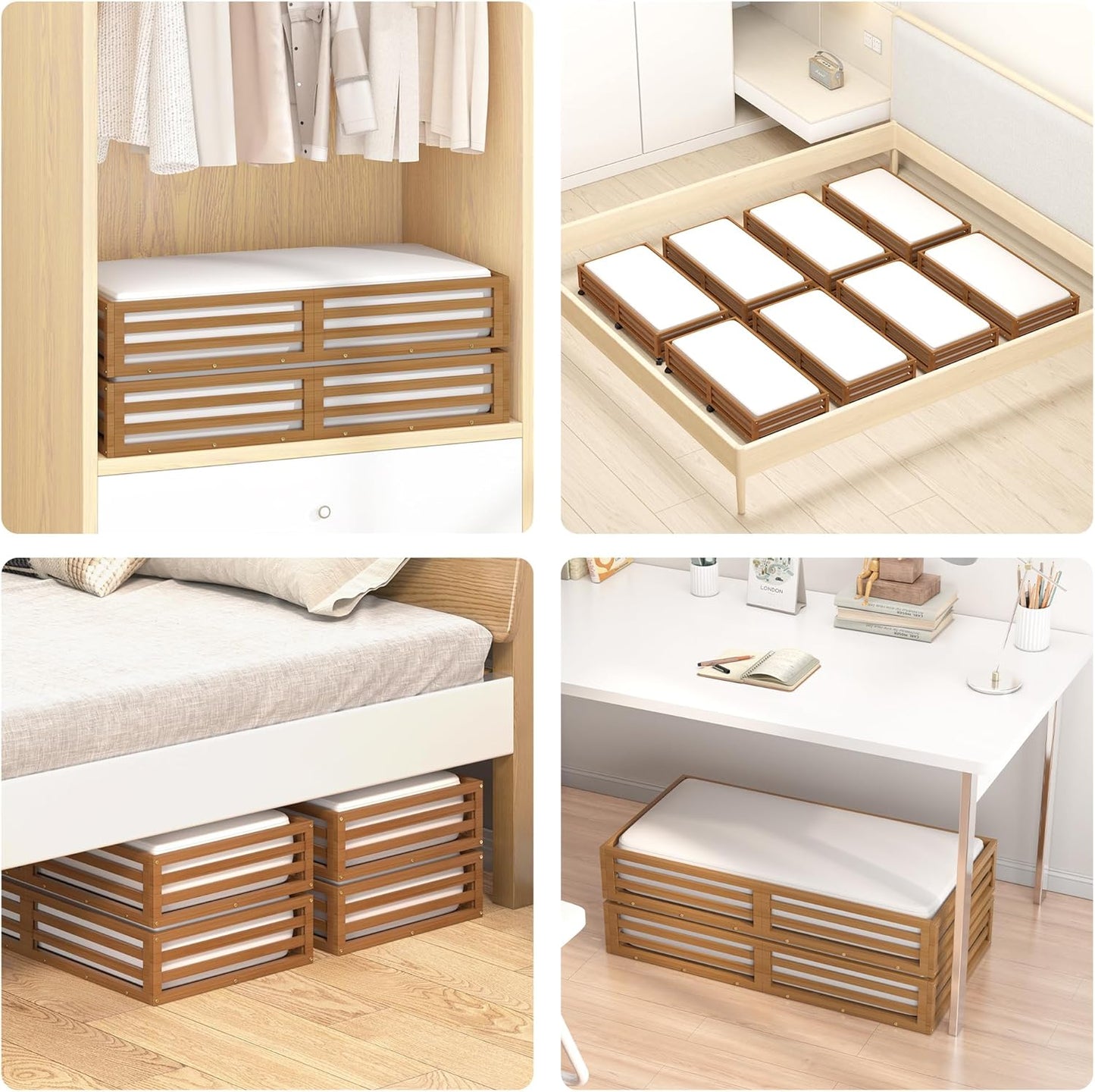 Bamboo Under Bed Storage Containers- Underbed Organizer with Wheels with Large Dust Bag,Sturdy Wood Rolling Under the Bed Shoe Storage Organizer Drawer 2 Packs (Walnut, Long)