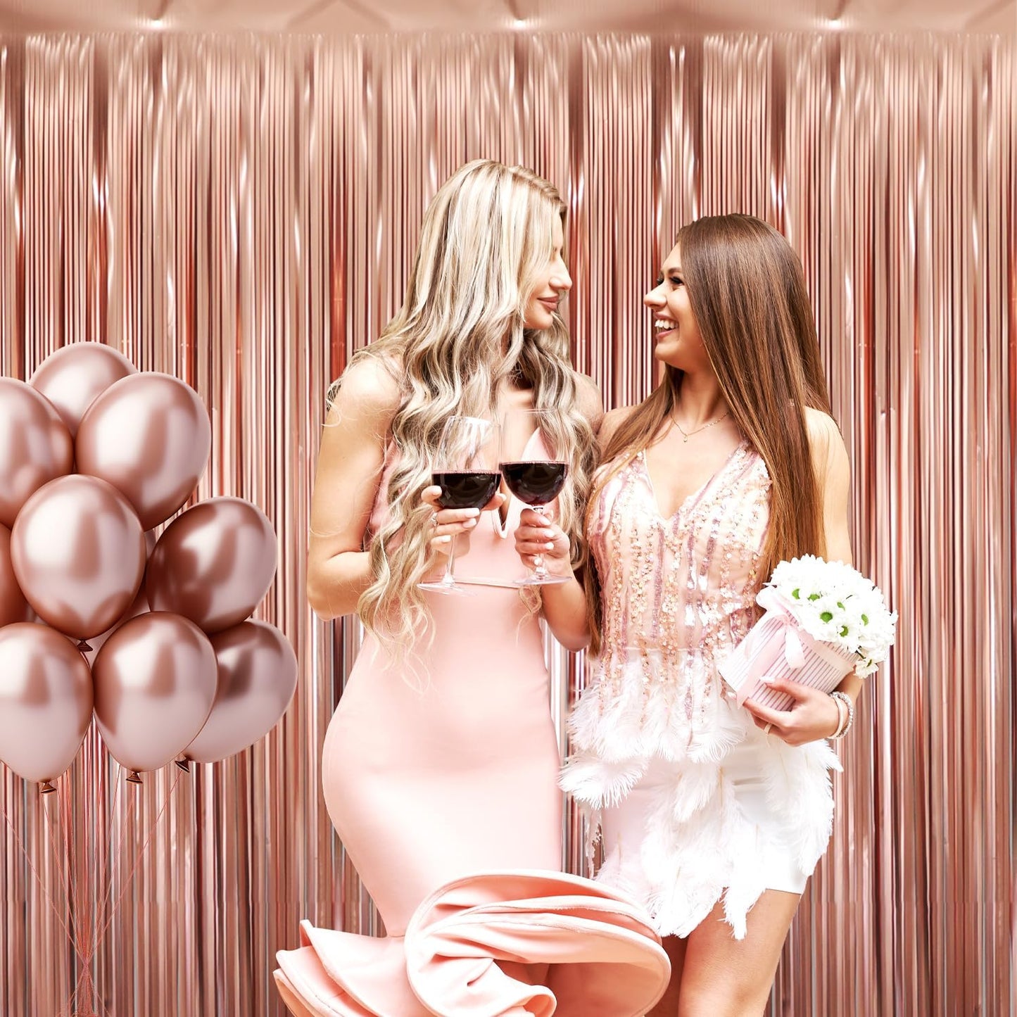 GOER 3.2 ft x 9.8 ft Metallic Tinsel Foil Fringe Curtains for Party Photo Backdrop Wedding Decor (4 Pcs,Matte Rose Gold), One Size