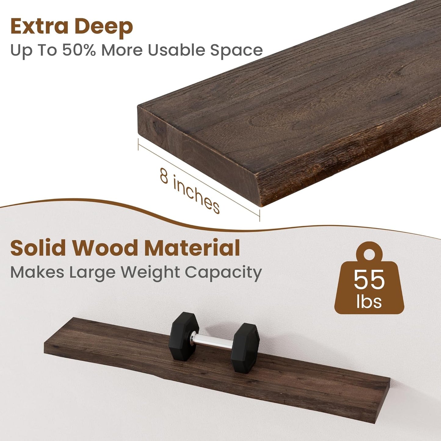 Floating Shelves for Wall Decor, Rustic Solid Elm Wood Live Edge Floating Shelves Wall Mounted, Wall Shelves with Invisible Bracket for Living Room Bathroom Bedroom Kitchen, 40 Inch Set of 1, Walnut