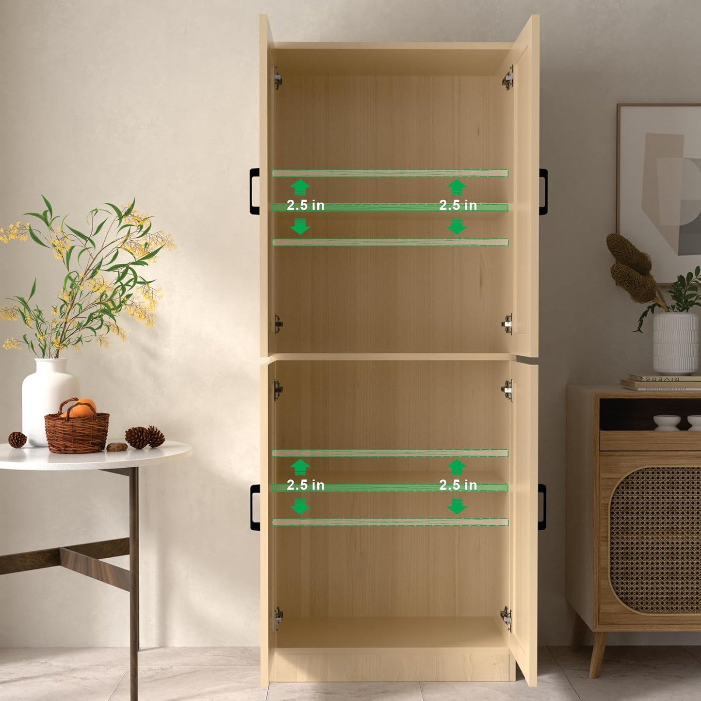 Oak Rattan Kitchen Pantry, 71" Tall Storage Cabinet with Doors, Boho Hutch for Dining Room