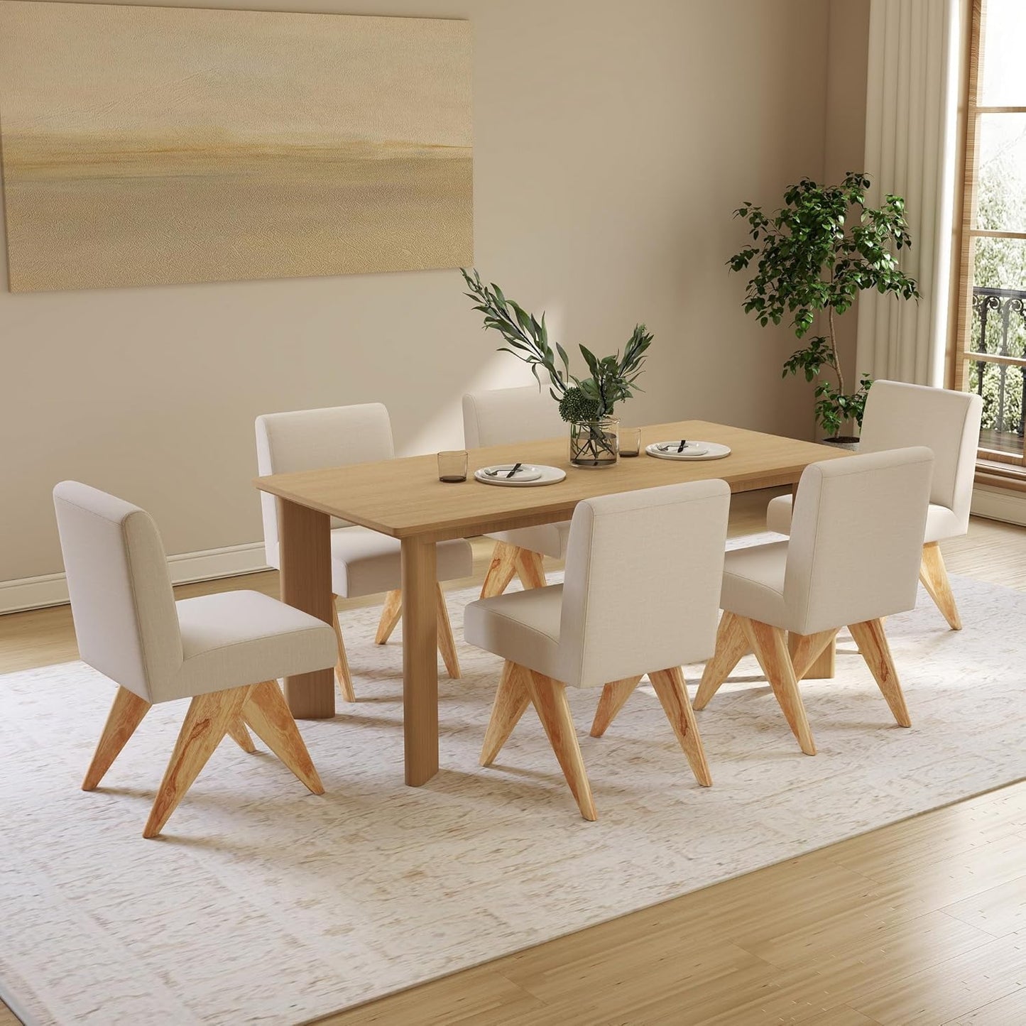 Mid Century Modern Farmhouse Dining Chairs Set of 6, Upholstered Armless Kitchen Chairs with Back and Wooden Legs, Linen Beige